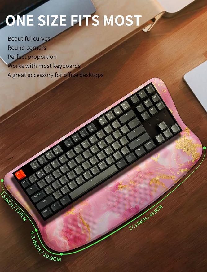 Ergonomic Wave Wrist Rest with Keyboard Stand, Cushioned Palm Rest, Comfortable Integrated Memory Foam for Natural Typing and Relieve Wrist Pain, Pink Gold Marble