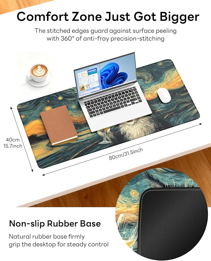XL Gaming Mouse Pad, 31.5x15.7'' Large Desk Mat with Anti-Slip Rubber Base & Stitched Edges for Gaming, Office, Home, Shocked Cat
