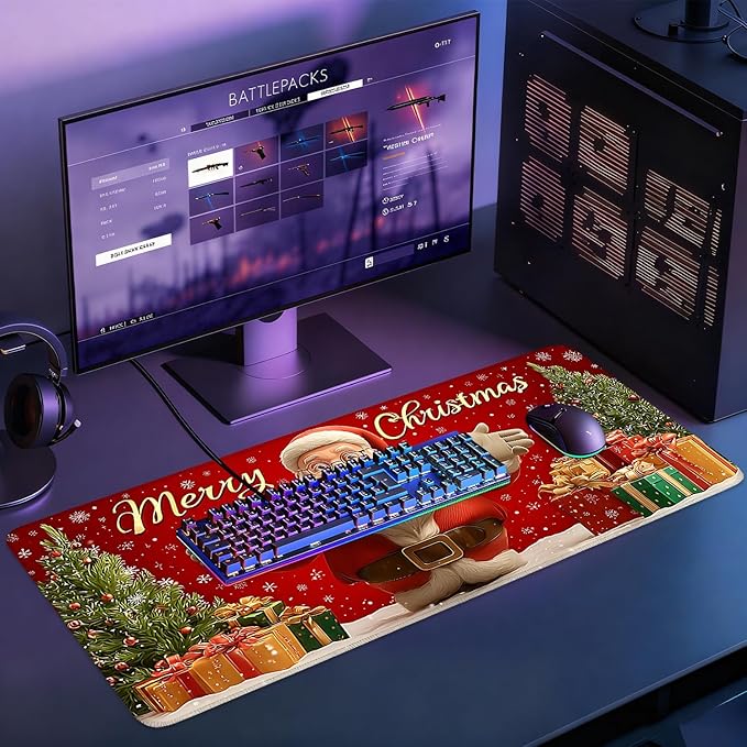 Desk Mat, XXL Extended Gaming Pad for Desktop, 35x16 Inches Jolly Santa with Tree, Large Non-Slip Vegan Leather Surface with Stitched Edges, Keyboard Mouse Mat for Home Office