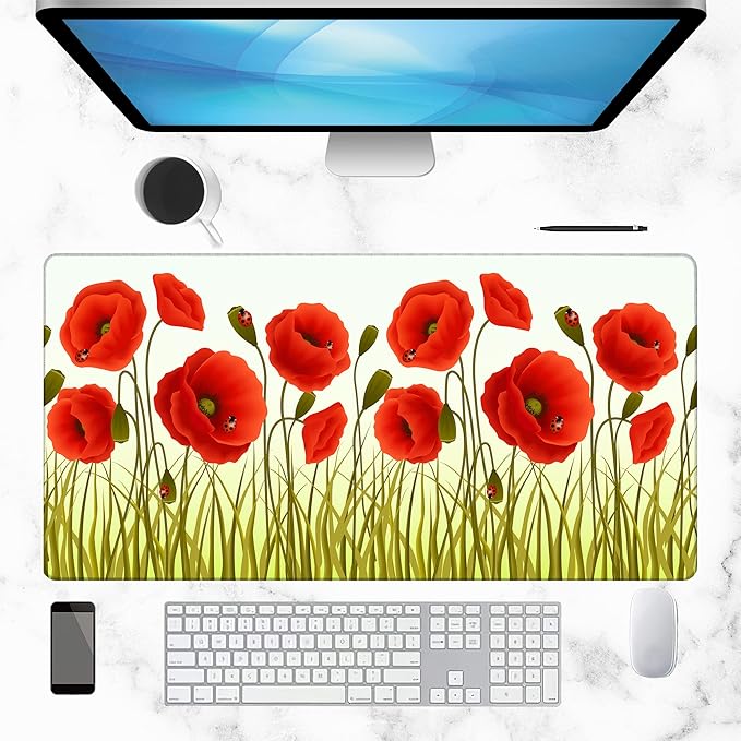 Poppy Gaming Desk Mat Large,Red Poppy Floarl Ladybug Extended Mousepad,Non-Slip Rubber Mouse Pad Stitched Edges,Desktop Decorative Accessories for Home Office 31.5" x 15.7"
