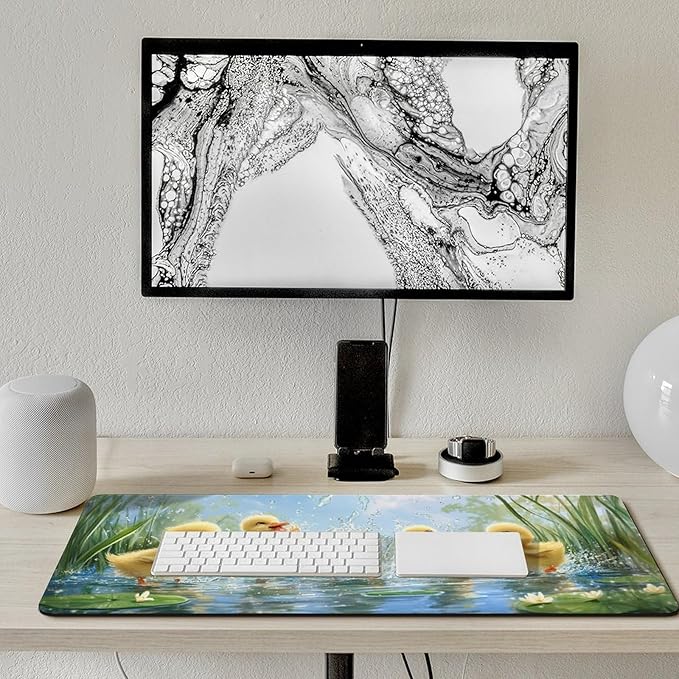 Large Ergonomic Gaming Mouse Pad Playful Ducklings in Pond - Cute Waterfowl Theme with Non-Slip Base Water-Resistant Surface and Stitched Edges 40x90cm