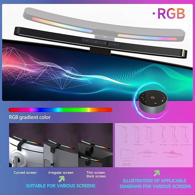 ONWAY Curved Monitor Light Bar with Wireless Remote,Monitor Light Bar with Auto-Dimming and Camera Base,Applicable to All Screens. No Screen Glare,for (RGB)