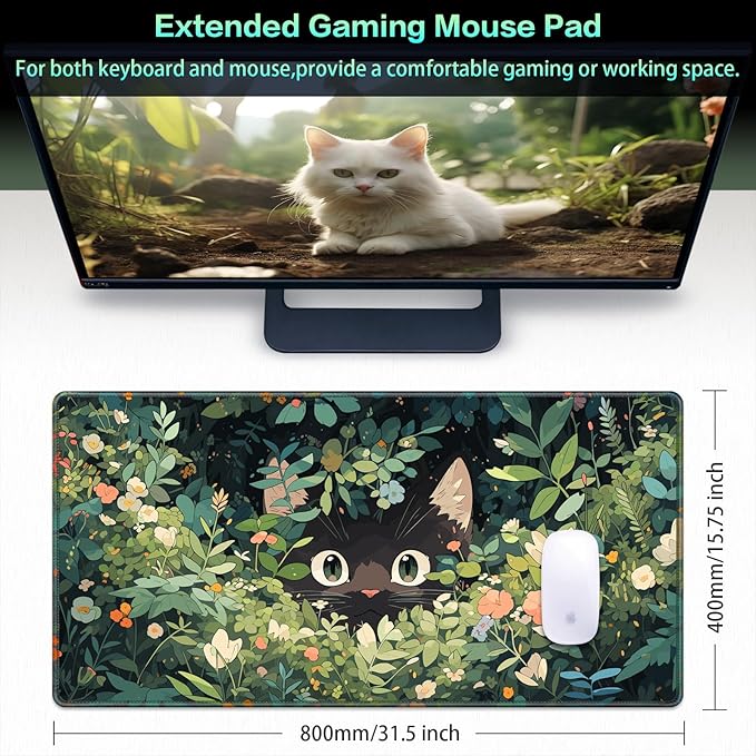 Canjoy Cute Black Cats Anime Mouse pad, 31.5x15.7inch Kawaii Computer Keyboard Mat Extended Large Gaming Mouse Pad with Non-Slip Rubber Base