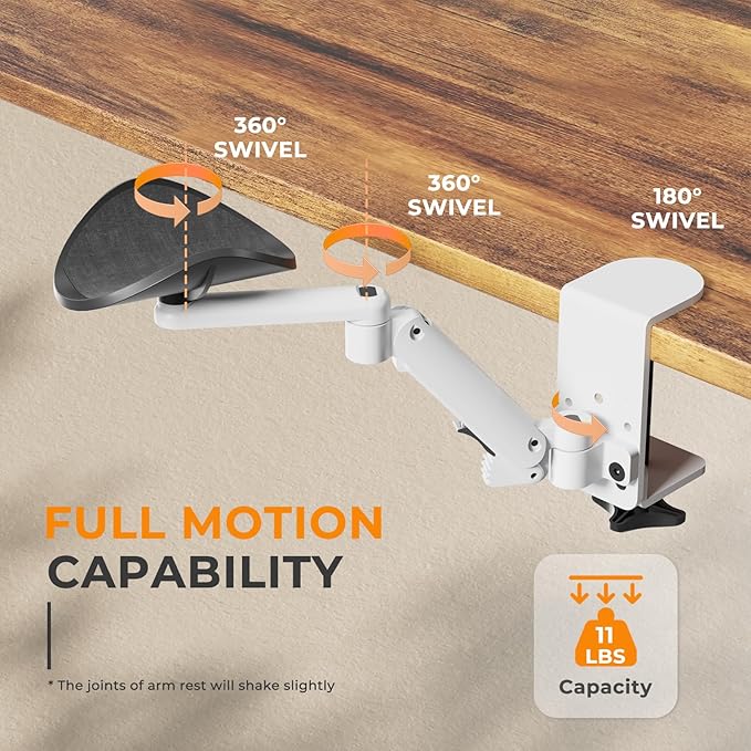 JOY worker Universal Clamp-on Adjustable Armrest, Ergonomic 360° Rotating Elbow Rest Pad for Desk, 6-Level Height Desk Arm Support for Thicker Desktop, Left/Right Hand, White