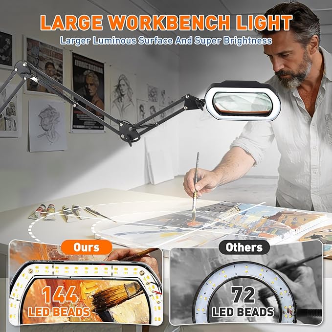 HITTI 12X Square Magnifying Glass with Light and Clamp, Hands-Free Lighted Stand with Ultra Long 3-Section Arm | 5 Color Modes & Stepless Dimming LED Desk Lamp for Workbench, Crafting, Reading -Yellow