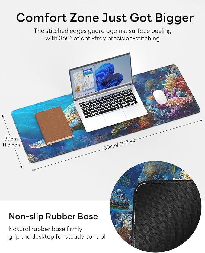 Turtle Mouse Pad, 31.5 x 11.8 Large Desk Mat with Stitched Edges & Non-Slip Base, Mousepad for Office, Home, Work, Sea Turtle