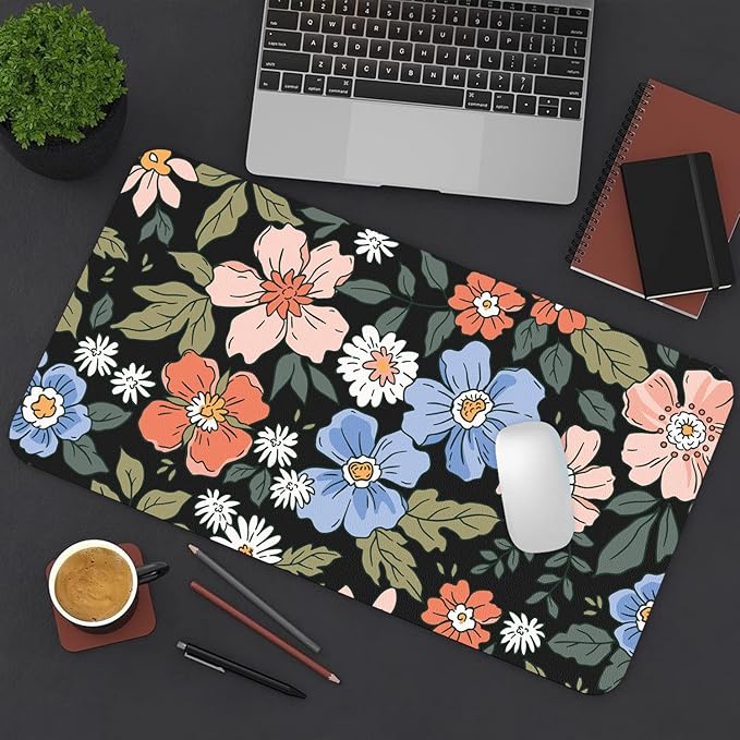 Desk Mat Large Protector Pad 23.6" ×11.8", Non-Slip PU Leather Desk Blotter, Waterproof Mouse Pad for Office Home Wildflower