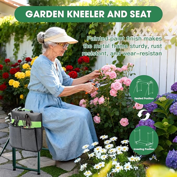 Heavy Duty Garden Kneeler & Seat with Support Legs, 400lbs Capacity Foldable Gardening Stool, Extra Thick Pad & Large Tool Organizer Bag, Ergonomic for Seniors - Dark Green