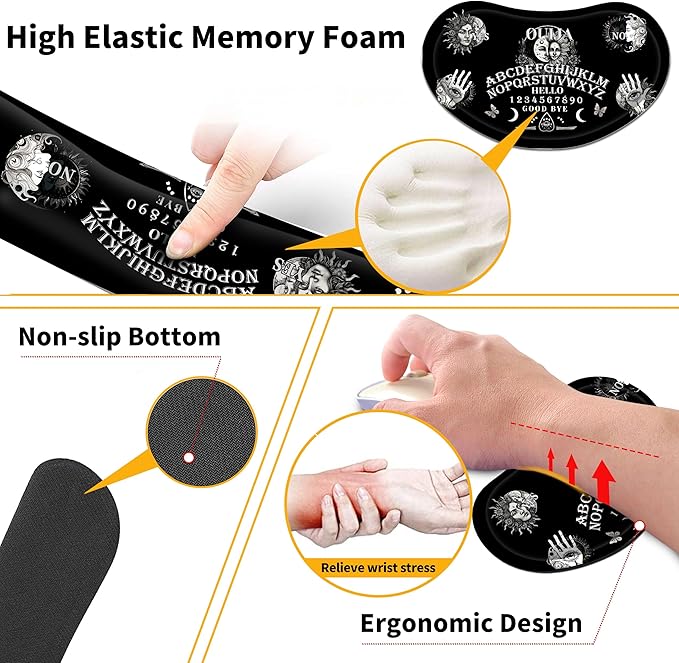 Large Gaming Mouse Pad Set 35.4 x 15.7 with Keyboard Wrist Rest, Wrist Support, and Coaster Memory Foam Smooth Desk Pad Mousepad for Home Office School - Ouija Board
