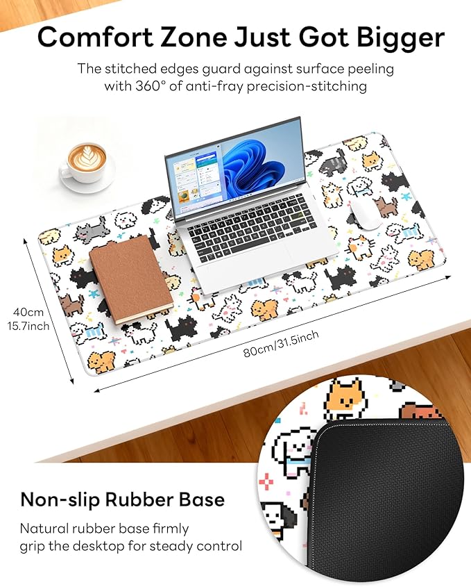 XL Gaming Mouse Pad, 31.5x15.7'' Large Desk Mat with Anti-Slip Rubber Base & Stitched Edges for Gaming, Office, Home, Cute Animals