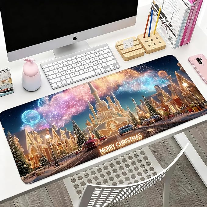 Desk Mat, XXL Extended Gaming Pad for Desktop, 31x12 Inches Magical Castle Fairytale Scene, Large Non-Slip Vegan Leather Keyboard Mouse Mat for Home Office