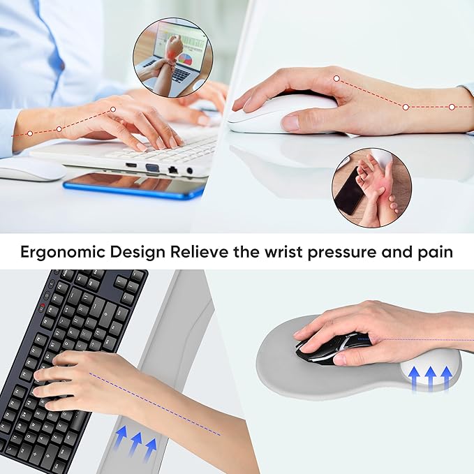 Wrist Rest Support for Mouse Pad Keyboard Set Circle Coaster Gaming Mouse Pad Ergonomic Gel Memory Foam Set for Computer, Laptop, Office, Comfortably Typing Grey KM-31