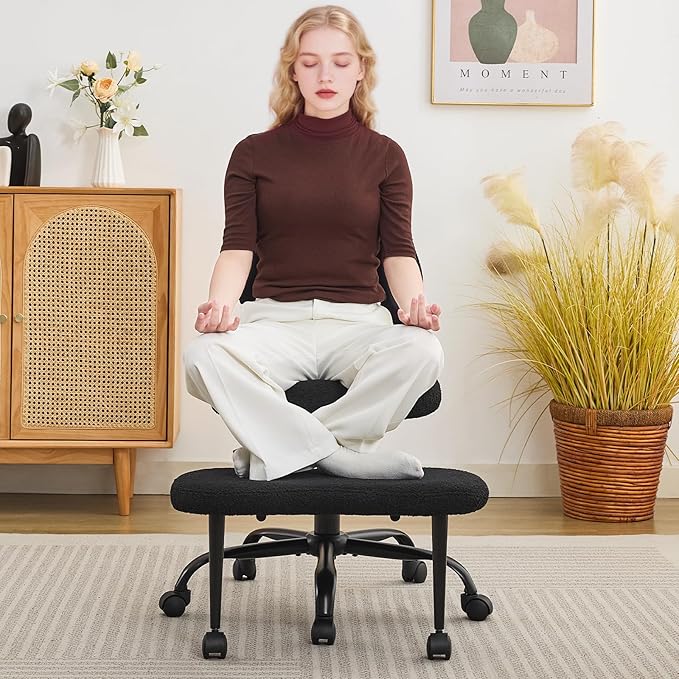 Ergonomic Criss Cross Legged Office Chair, ADHD Chair, Wide Height Adjustable Seat 360° Swivel Footstool with Wheels, Teddy Fabric Meditation Kneeling Chair, for The Restless Home Workers,Black