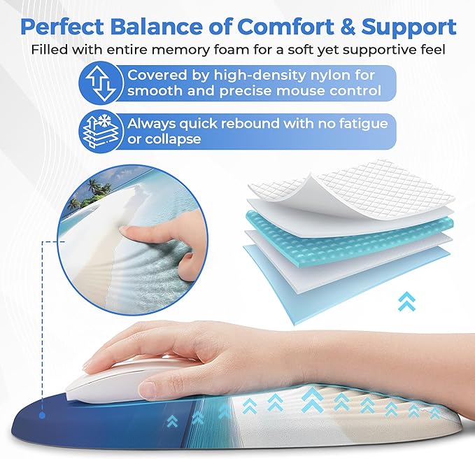 Ergonomic Mouse Pad with Wrist Support, Memory Foam Wrist Rest for Pain Relief & Carpal Tunnel, Non-Slip Base for Office, Computer, PC, Laptop (12x8x1.2inch, Maldive Beach)