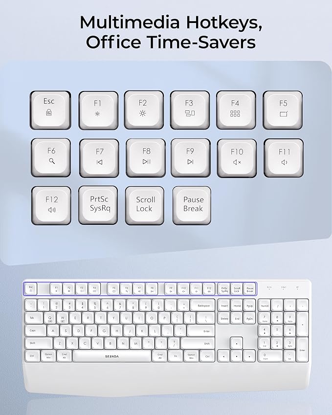 seenda Wireless Bluetooth Keyboard and Mouse Combo, COE200 Ergonomic Wireless Keyboard Mouse with Wrist Rest, Multi-Device Connection, Full-Size Compatible for Computer/Laptop/Mac/MacBook, White