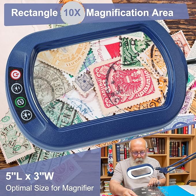10X Large Magnifying Glass with Light and Clamp, Real Glass, 5 Color Modes, Stepless Dimmable, Lighted Magnifier with Stand Hands Free, LED Swing Arm Desk Lamp for Close Work, Craft, Reading - Blue