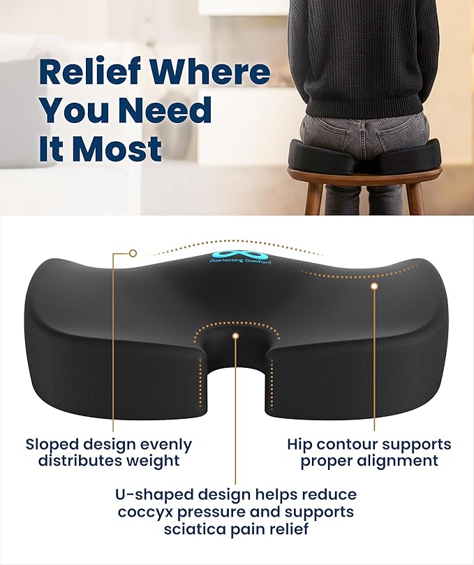 Everlasting Comfort Doctor Recommended Memory Foam Seat Cushion for Office Chairs & Car - Ergonomic Office Desk Accessories - Cushions for Tailbone Support, Sciatica (Black, Large)