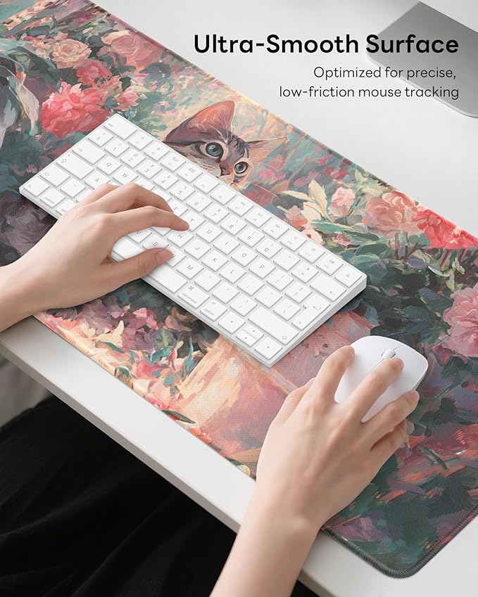 Pink Cat Mouse Pad, 31.5 x 11.8 Large Desk Mat with Stitched Edges & Non-Slip Base, Mousepad for Office, Home, Work
