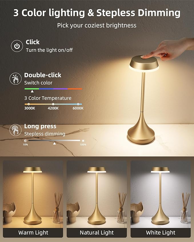 Cordless Lamp, 6000mAh, Outdoor Waterproof, Touch Control, Dimmable, 3 Color Temperature, RGB, LED Memory Function, Portable Battery Operated, Rechargeable Table Lamp Patio Dinning Restaurant Kitchen