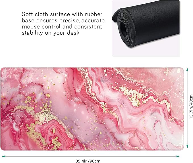 Desk Mat, Pink Marble XXL 35.4"x15.7"Large Gaming Mouse Pad, 3mm Thick Gaming Keyboard Pad,Desk Pad Non-Slip Rubber Base with Stitched Edges for Office Game Home Decor