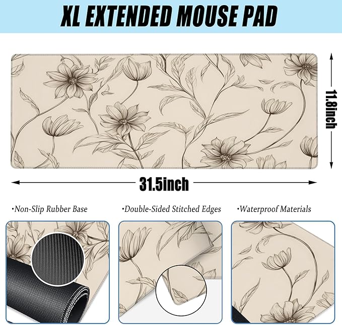 XL Mouse Pad,Minimalist Flowers Large Gaming Mouse Pad,Abstract line Floral Desk Mat for Desktop,Extended Big Computer Keyboard Desk Pad with Non-Slip Base and Stitched Edges 31.5"x11.8"