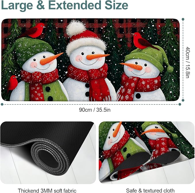Three Snowmen Extended Gaming Mouse Pad 35.4x15.7Inch Large Desk Mat Anti-Slip Rubber Base & Durable Stitched Edges for Gamers Smooth Mouse Writing Surface for Desk Office/Home