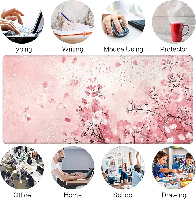 Desk Mat, Japanese Cherry Blossom XXL 35.4"x15.7"Large Gaming Mouse Pad, 3mm Thick Gaming Keyboard Pad,Desk Pad Non-Slip Rubber Base with Stitched Edges for Office Game Home Decor