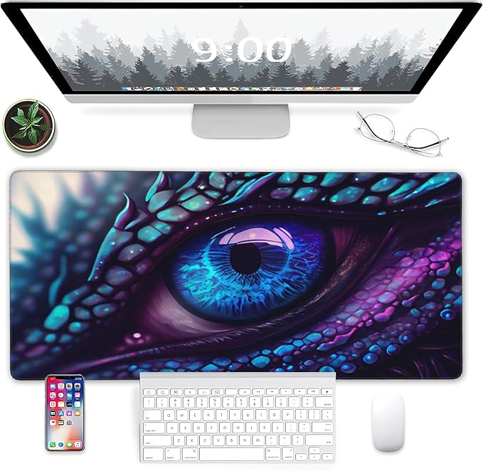 Desk Mat, Blue and Purple Fantasy Dragon Eye Extended Gaming Mouse Pad Large, 31.5"x15.7" Big Mouse Pad with Non-Slip Base and Stitched Edge, Long Computer Keyboard Mouse Mat for Home Office Work