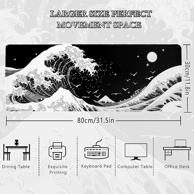 MEWOOCUE® Gaming Mouse Pad for Desk,Large Sea Wave Mousepad Laptop,Black White Japanese Anime Mouse Mat,Long XXL Waterproof Keyboard Pads,Big Non-Slip Mouse Pads for Game Office Home（31.5 x 11.9 in）