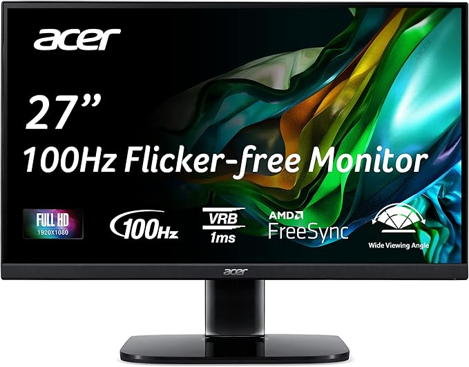 acer KB272 EBI 27" IPS Full HD (1920 x 1080) Zero-Frame Gaming Office Monitor | AMD FreeSync Technology | Up to 100Hz Refresh | 1ms (VRB) | Low Blue Light | Tilt | HDMI & VGA Ports,Black