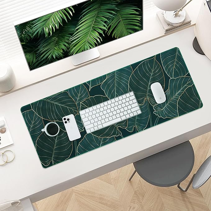 ALOANES Waterproof Mouse Pad with Durable Stitched Edge, XL Gaming Keyboard Pad, Non-Slip Rubber Base, Extended Desk pad for Gamer, Office & Home, Green Leaves Mousepad 31.5''x 11.8''x 0.12''
