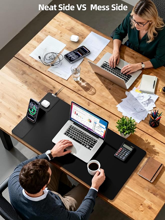 Mouse Pad with Magnetic Wireless Charging & Adjustable Phone Stand, 31.5"x15.8" Extended Desk Mat, Waterproof Ultra-Smooth Keyboard Pad, Non-Slip Base, with 20W PD Adapter, Black