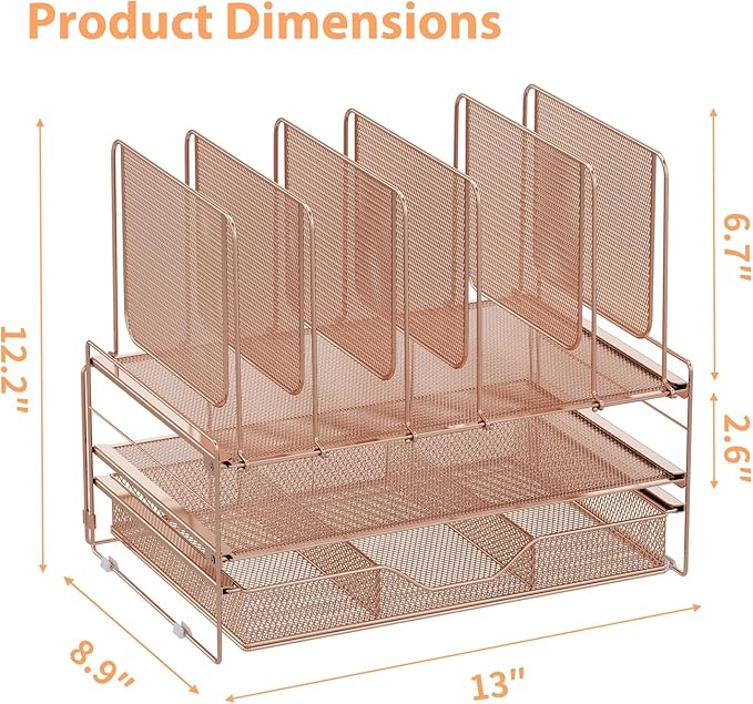 Rose Gold Desk Organizer, Office Organization with Vertical File Holder, File Organizer with Drawer and Office Supplies, Desk Accessories and Workspace Organizers (Rose Gold)