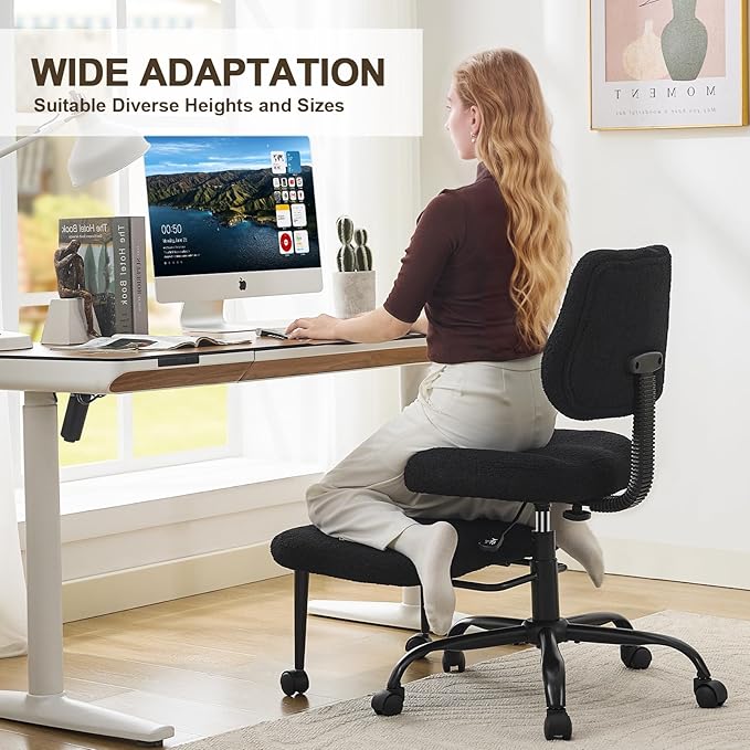 Ergonomic Criss Cross Legged Office Chair, ADHD Chair, Wide Height Adjustable Seat 360° Swivel Footstool with Wheels, Teddy Fabric Meditation Kneeling Chair, for The Restless Home Workers,Black