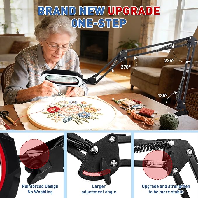 HITTI 12X Square Magnifying Glass with Light and Clamp, Ultra Long LED Desk Lamp with 5 Colors & Stepless Dimming | Hands-Free Workbench Lighted Magnifier Stand for Crafting, Repair,Painting- Red
