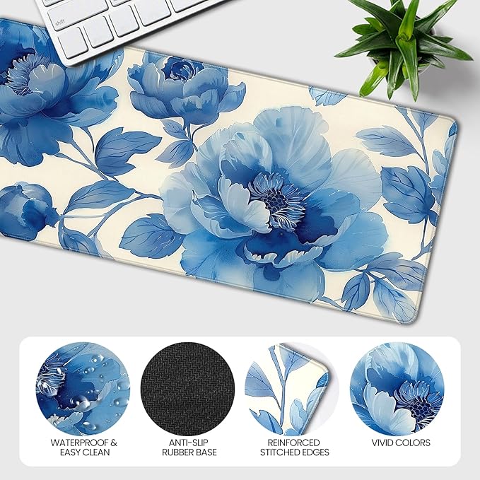 XXL Gaming Mouse Pad, Blue Floral Design, 35.4 x 15.7 Inches, Microfiber Cloth, Rectangular, Non-Slip Rubber Base