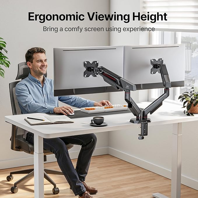ARES WING Dual Monitor Arm for 17-35 Inch Flat Curved Ultrawide Screens Up to 26.5lbs, Fully Adjustable Dual Monitor Mount, C-Clamp & Grommet Base, 75/100 Vesa Mount, Black