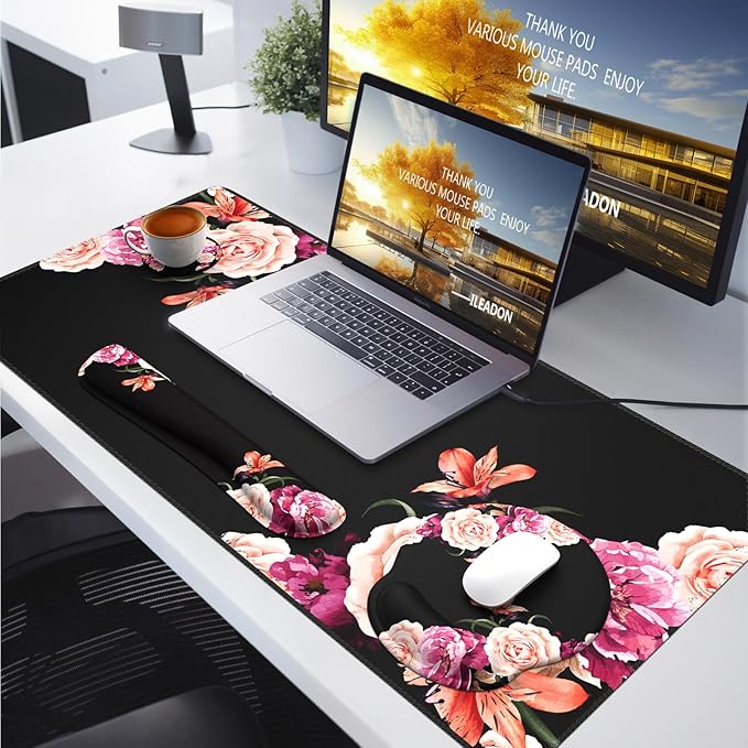 iLeadon Mouse Pad Set, Desk Mat + Mouse Pad with Wrist Rest + Keyboard Wrist Rest + Coaster, 4in1 Mouse and Keyboard Pad Set for Home Office, Peony Flowers