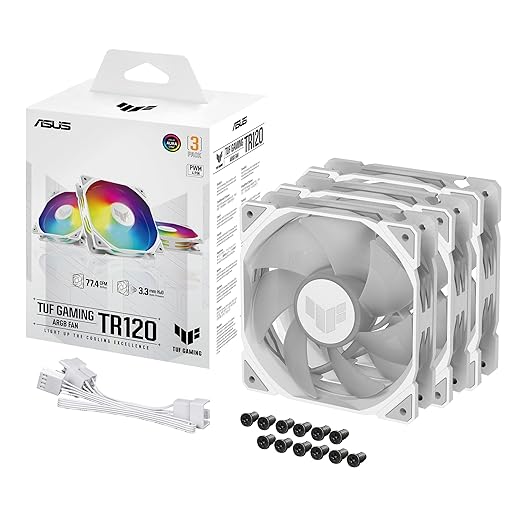 ASUS TUF Gaming TR120 120mm ARGB White Fan Triple Pack 28mm Fan Frame, 3.3mm H2O high Static Pressure, 77.4 CFM Airflow, Double-Layer LED Array, Flexible Side Pattern, Aura sync, PWM Control