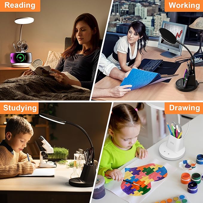Desk Lamp with Wireless Charger, LED Desk Lamps for Home Office with Pen Holder, Dimmable Eye-Caring Study Desk Light Flexible Arm 3 Color Modes for College Dorm, 800 Lumens CRI 90
