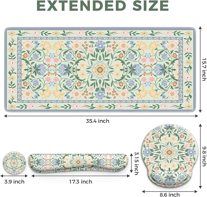 iCasso Desk Cover Mat, Gaming Mouse Pad Wrist Support Set,4in1 XXL Large Mousepad + Keyboard Wrist Rest+Mouse Wrist Rest+Coaster Set with Ergonomic Design for Home Office Table Computer(Green Flowers)
