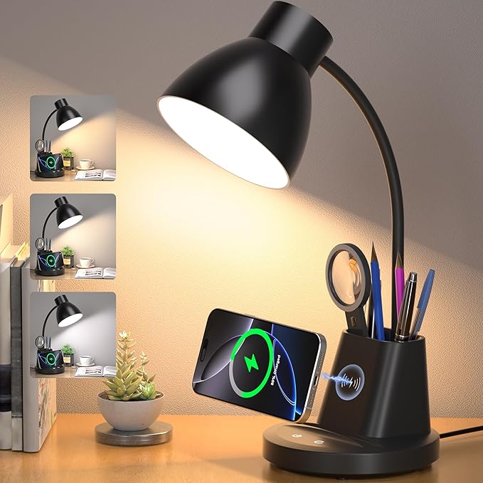 Sailstar Desk Lamp with Wireless Charger, 3 Color Modes Dimmable Desk Lights with Pen Holder, 800LM CRI 95+ Neck Flexible Desk Lamp for Home Office, College Dorm, Studying, Working, Adapter Included