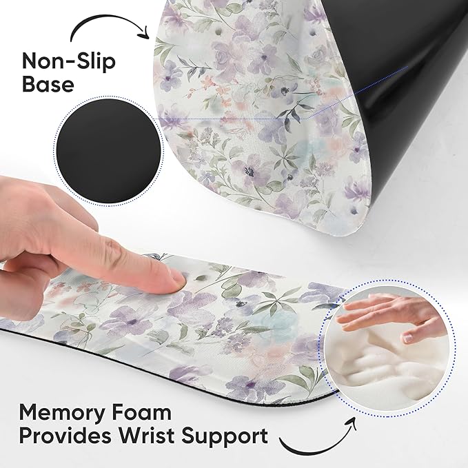 Ergonomic Keyboard Mouse Pad Wrist Rest Support Set for Laptop/Computer/Desktop,Memory Foam Hand Rest Wrist Cushion for Gaming/Office,Lightweight Comfortable (Purple Flowers)