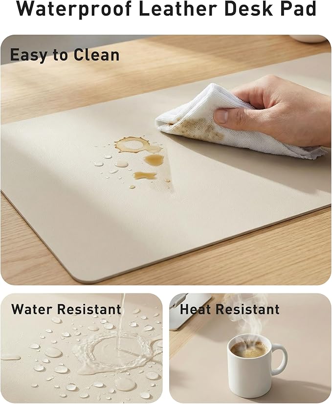 Aothia Faux Leather Desk Mat - Large Mouse Pad, Non-Slip PU Leather Blotter, Waterproof Writing Surface for Office and Home (Eggshell, 42" x 17")
