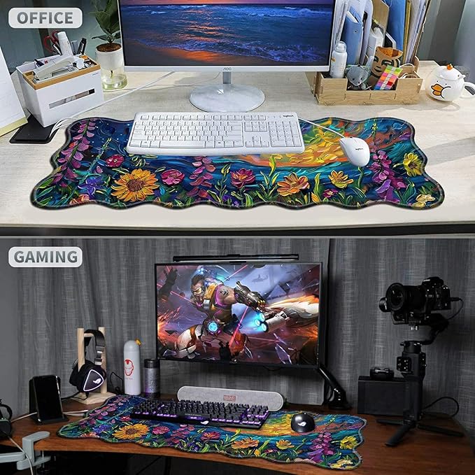 Vibrant Watercolor Flowers Large Gaming Mouse Pad Plus a Coaster, 31.5 x 11.8 inches Desk Mat Extended XL Mousepad with Stitched Edge Non-Slip Rubber, Desk Pad Computer Mouse Mat for Home Office