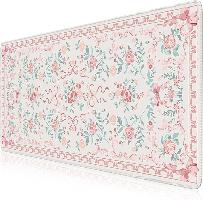 iCasso Pink Desk Mat for Desktop,Cute Desk Pad for Women,Girly Bow Mouse Pad with Stitched Edges,Non-Slip Large Computer Mat for Home Office Study Gaming