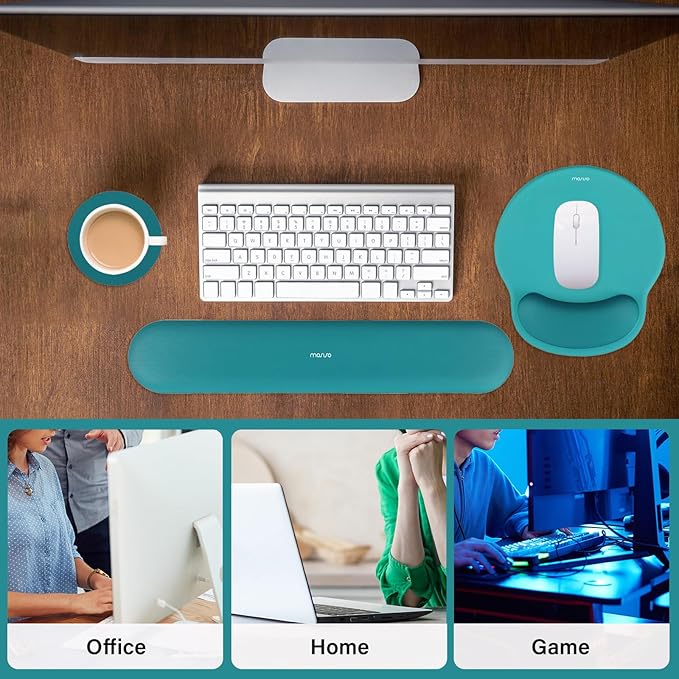 MOSISO Wrist Rest Support for Mouse Pad&Keyboard Set, Circle Curved Ergonomic Mousepad&Coaster Non-Slip Base Home/Office Wrist Support&Easy Typing Pad with Soft Cloth&Silicone Lining, Teal Green