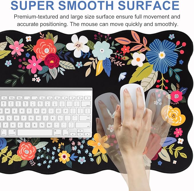 L-SPOUTTO Floral Mouse Pad,Black Desk Mat XXL Large Scalloped Gaming Mousepad,35.4x15.7in Non-Slip Rubber Base Keyboard Pad Waterproof Desktop Mat for Laptop Computer Game Home Office-Black Floral