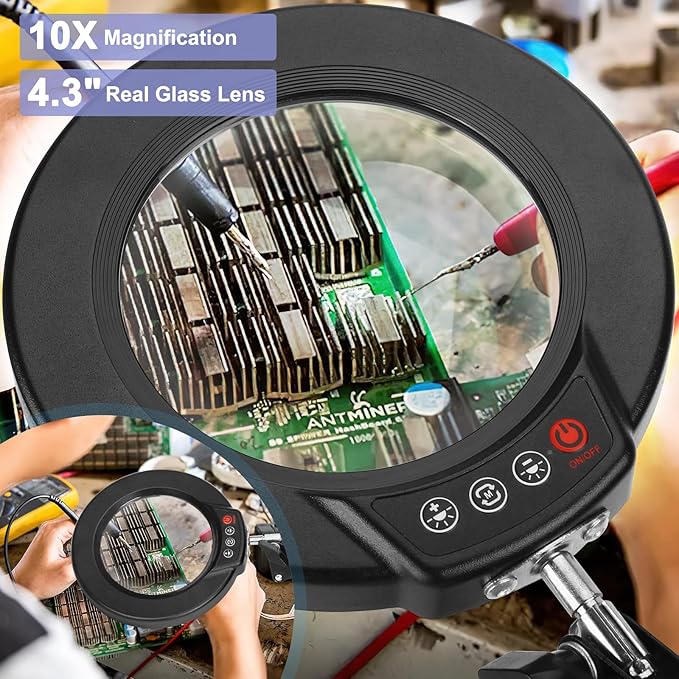 10X Magnifying Glass with Light and Clamp, Real Glass Stand Lighted Magnifier, 5 Color Modes Stepless Dimmable LED Desk Lamp Hands Free for Crafts Hobby Reading Painting Sewing Close Work Large Black