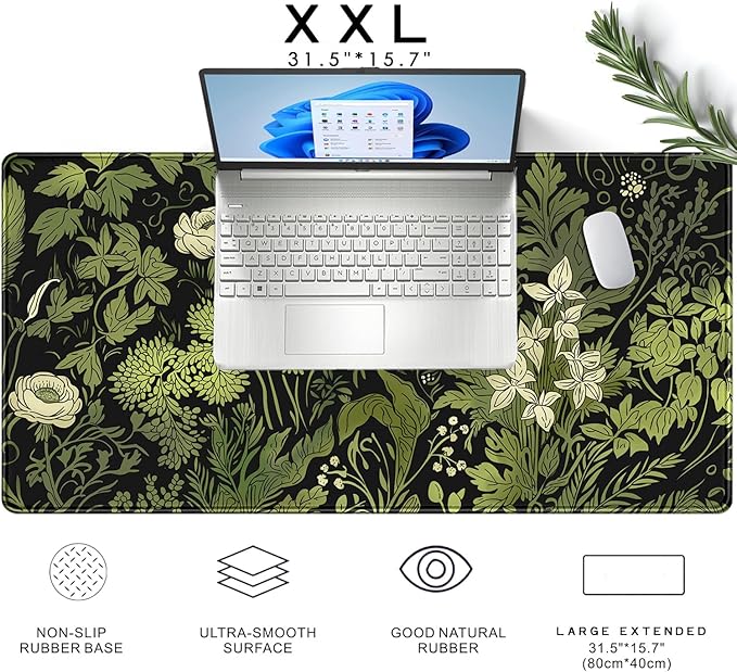 Floral Green Leaves Plant Pad Matt for Desktop Large Gaming Mousepad XXL Full Desk Mouse Pad Computer Keyboard Mat Deskmat Aesthetic Office Decor 31.5 X 15.7 Inch